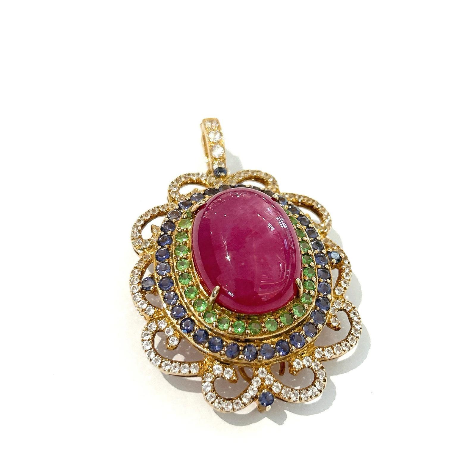 Baroque Bochic “Capri” Ruby, Blue Sapphire & Multi Gem Brooch Set In 18K Gold & Silver