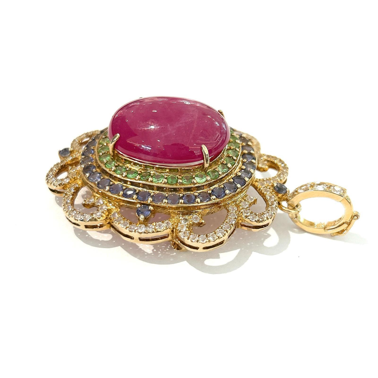 Brilliant Cut Bochic “Capri” Ruby, Blue Sapphire & Multi Gem Brooch Set In 18K Gold & Silver  For Sale