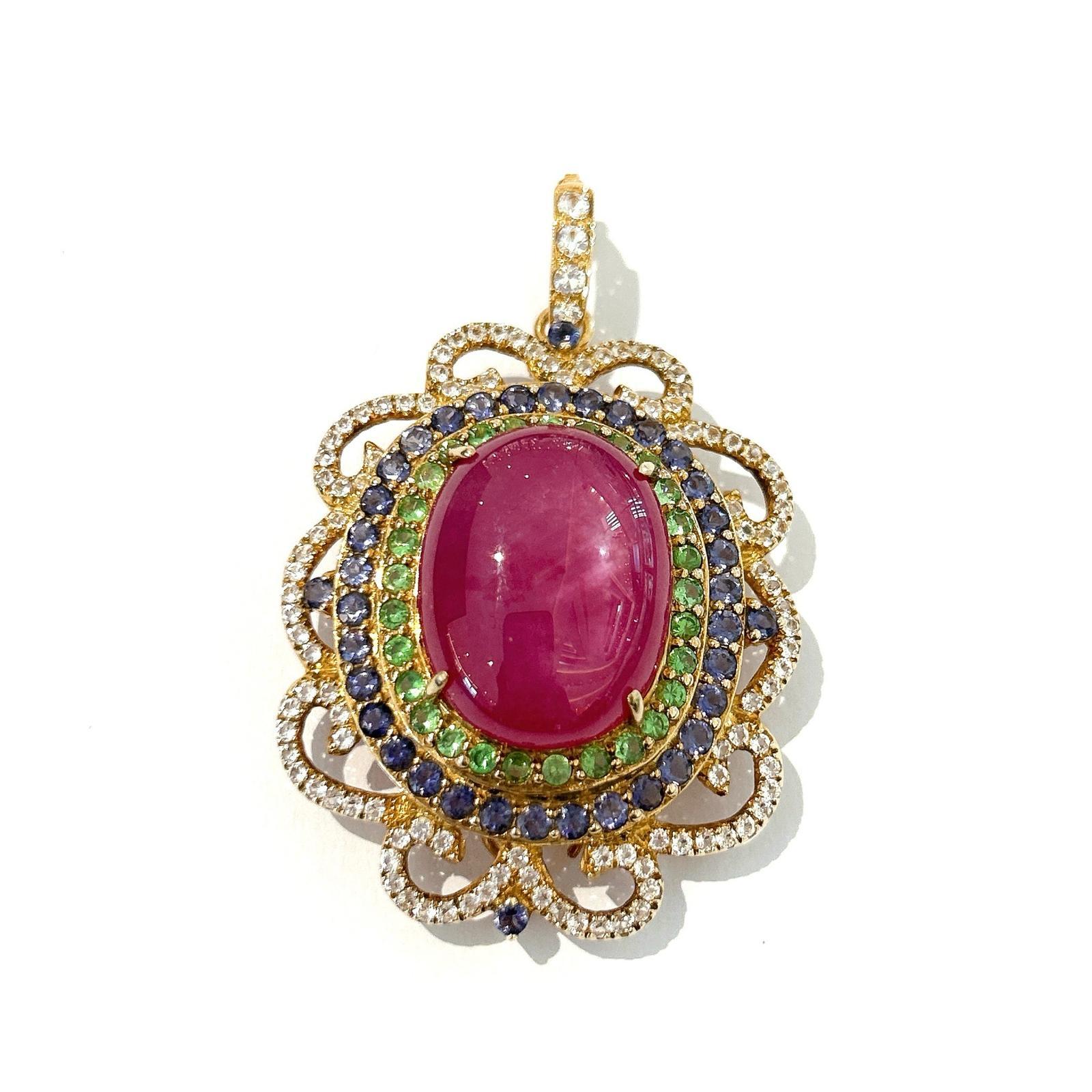 Bochic “Capri” Ruby, Blue Sapphire & Multi Gem Brooch Set In 18K Gold & Silver  In New Condition For Sale In New York, NY