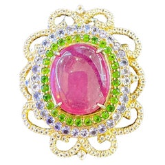 Bochic “Capri” Ruby, Blue Sapphire & Multi Gem Brooch Set In 18K Gold & Silver