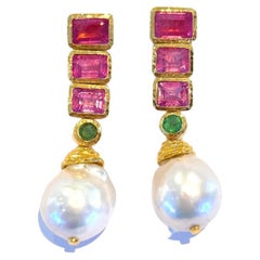 Bochic “Capri” Ruby, Emerald & Baroque Pearl Earrings Set In 18K Gold & Silver 