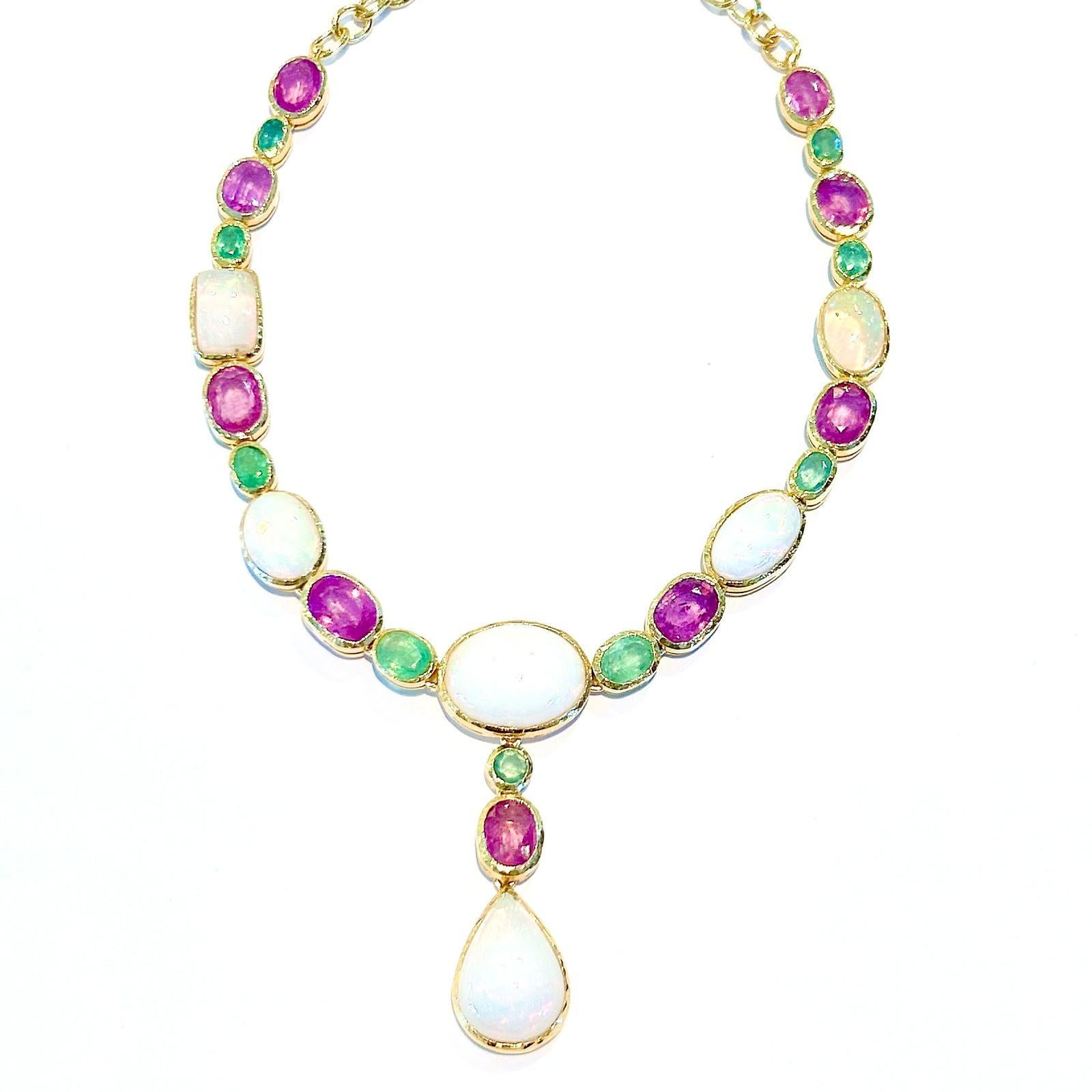 Bochic “Capri” Pink sapphire, Emerald, Opal Necklace Set In 22K Gold & Silver 
Natural pink sapphire - 28 Carats 
Ethiopian White Opal -  30 Carats 
Natural Green Emerald from Zambia - 7 Carats 
Set in 22K Gold and Silver 
Drop Necklace, Multi