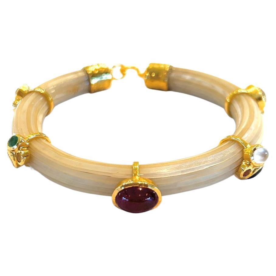 Bochic “Capri” Ruby, Emerald & Moonstone Bangle Set In 18K Gold & Silver  For Sale