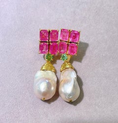 Bochic “Capri”, Ruby, Emerald & Pearl Earrings Set in 22 Gold & Silver