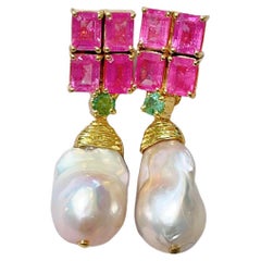 Bochic “Capri”, Ruby, Emerald & Pearl Earrings Set in 22 Gold & Silver