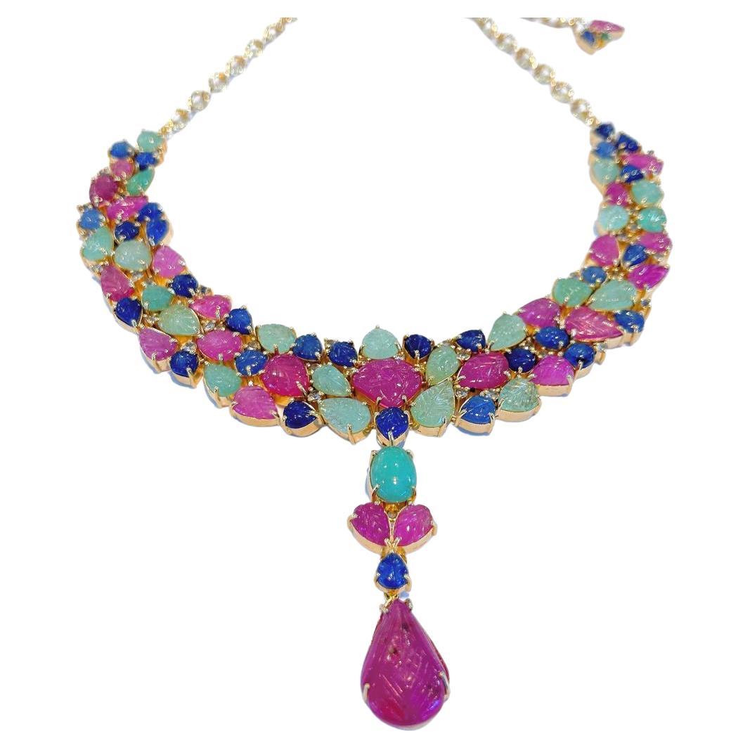 Bochic “Capri” Ruby, Emerald & Sapphire Necklace Set In 18K Gold & Silver  For Sale