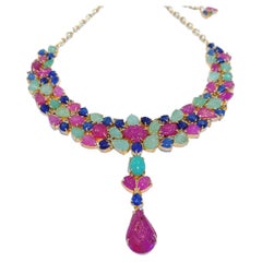Bochic “Capri” Ruby, Emerald & Sapphire Necklace Set In 18K Gold & Silver 