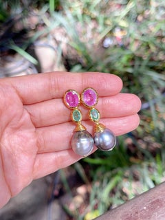 Bochic “Capri”, Ruby, Emerald, Tahiti Pearls Earrings Set in 22 Gold & Silver