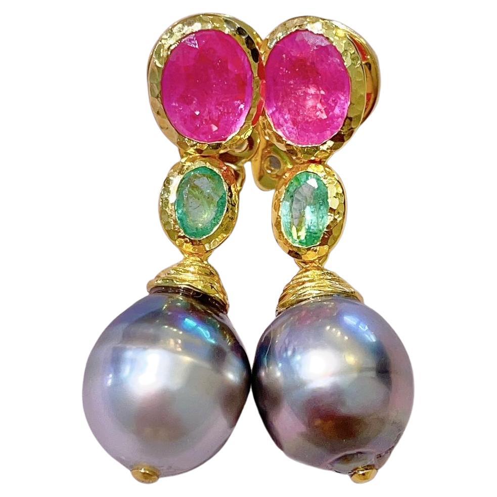 Bochic “Capri”, Ruby, Emerald, Tahiti Pearls Earrings Set in 22 Gold & Silver For Sale