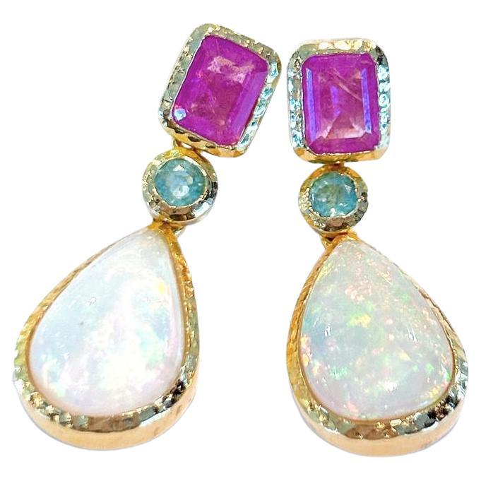 Bochic “Capri” Ruby, Emerald & White Opal Earrings Set In 18K Gold & Silver  For Sale