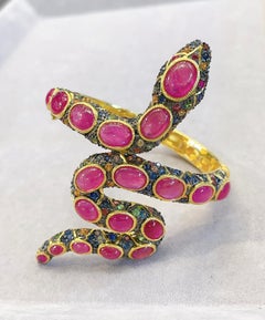Bochic “Orient” Serpent Fancy Sapphire & Ruby bangle Set In 18K Gold & Silver