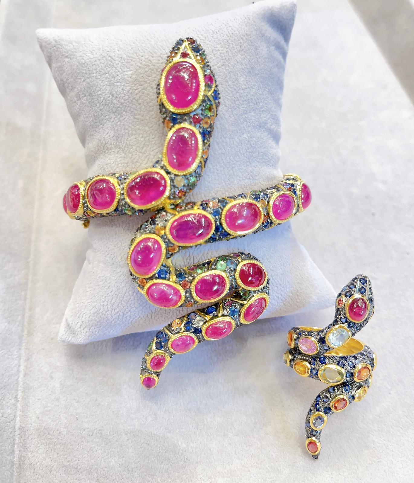 Women's Bochic “Orient” Serpent Fancy Sapphire & Ruby bangle Set In 18K Gold & Silver  For Sale