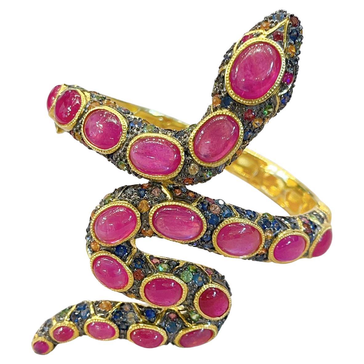 Bochic “Orient” Serpent Fancy Sapphire & Ruby bangle Set In 18K Gold & Silver  For Sale