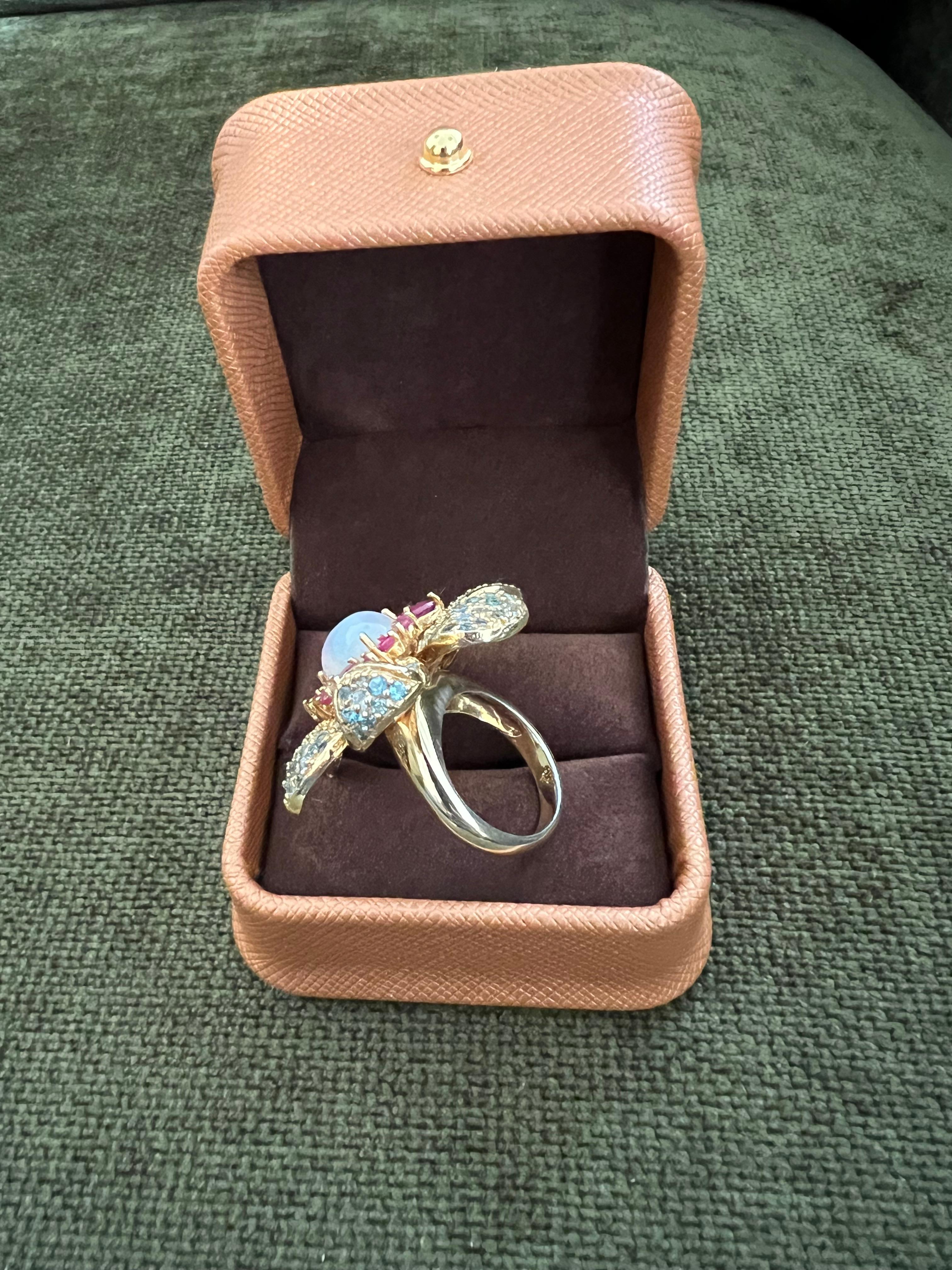 Bochic “Capri” Ruby, Fire Opal & Blue Topaz Flower Ring Set 18K Gold & Silver For Sale 4