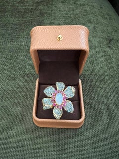 Bochic "Capri" Rubis, Opale de Feu et Topaze Bleue Bague Fleur Or 18K et Argent