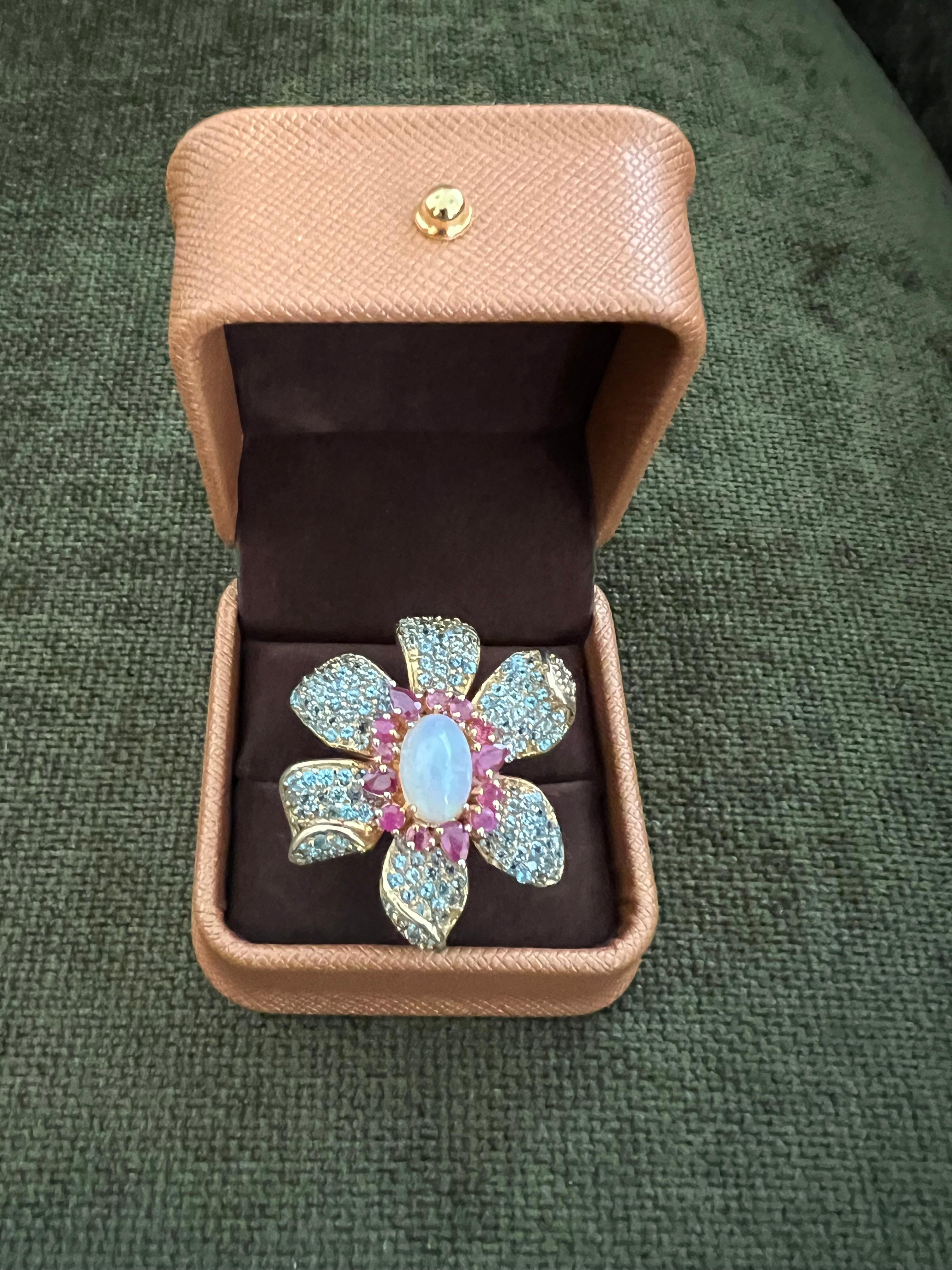 Baroque Revival Bochic “Capri” Ruby, Fire Opal & Blue Topaz Flower Ring Set 18K Gold & Silver For Sale