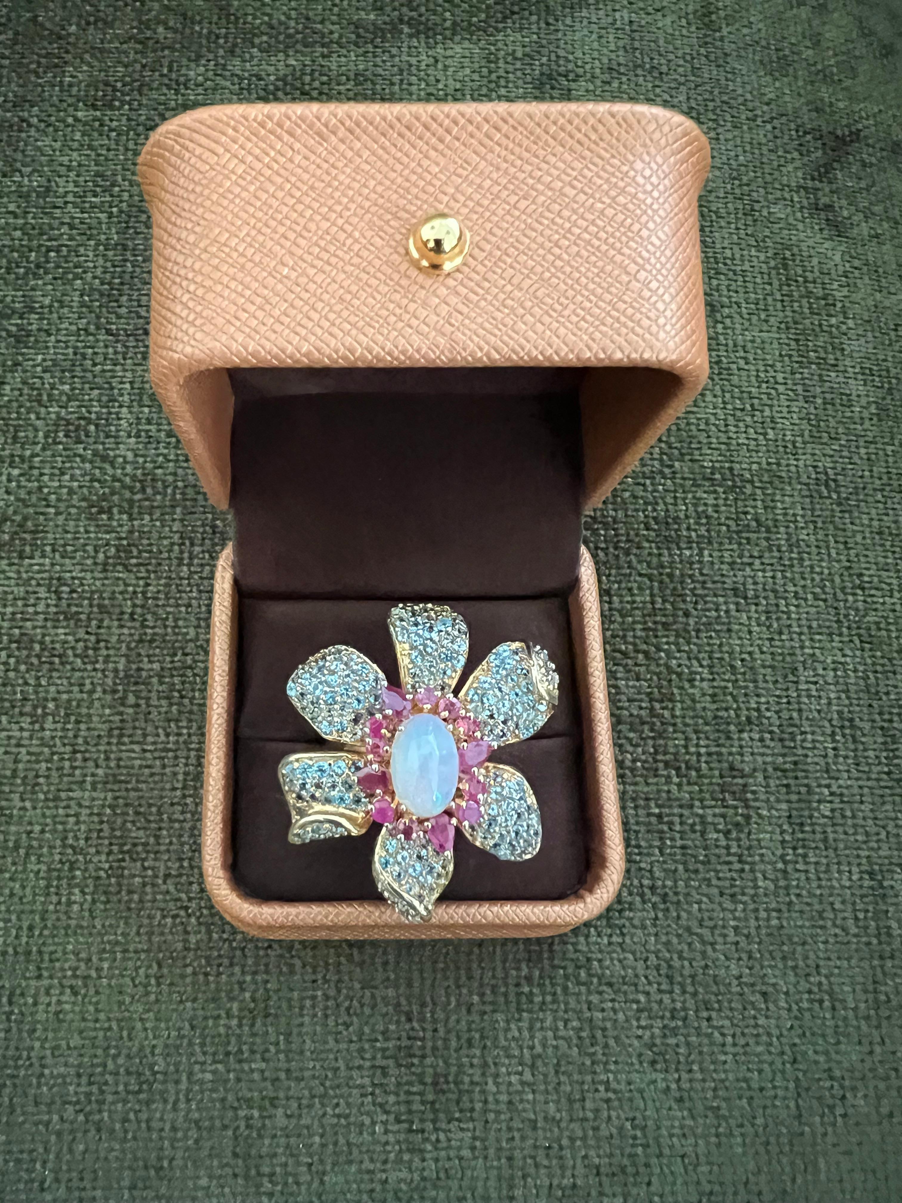 Bochic “Capri” Ruby, Fire Opal & Blue Topaz Flower Ring Set 18K Gold & Silver In New Condition For Sale In New York, NY