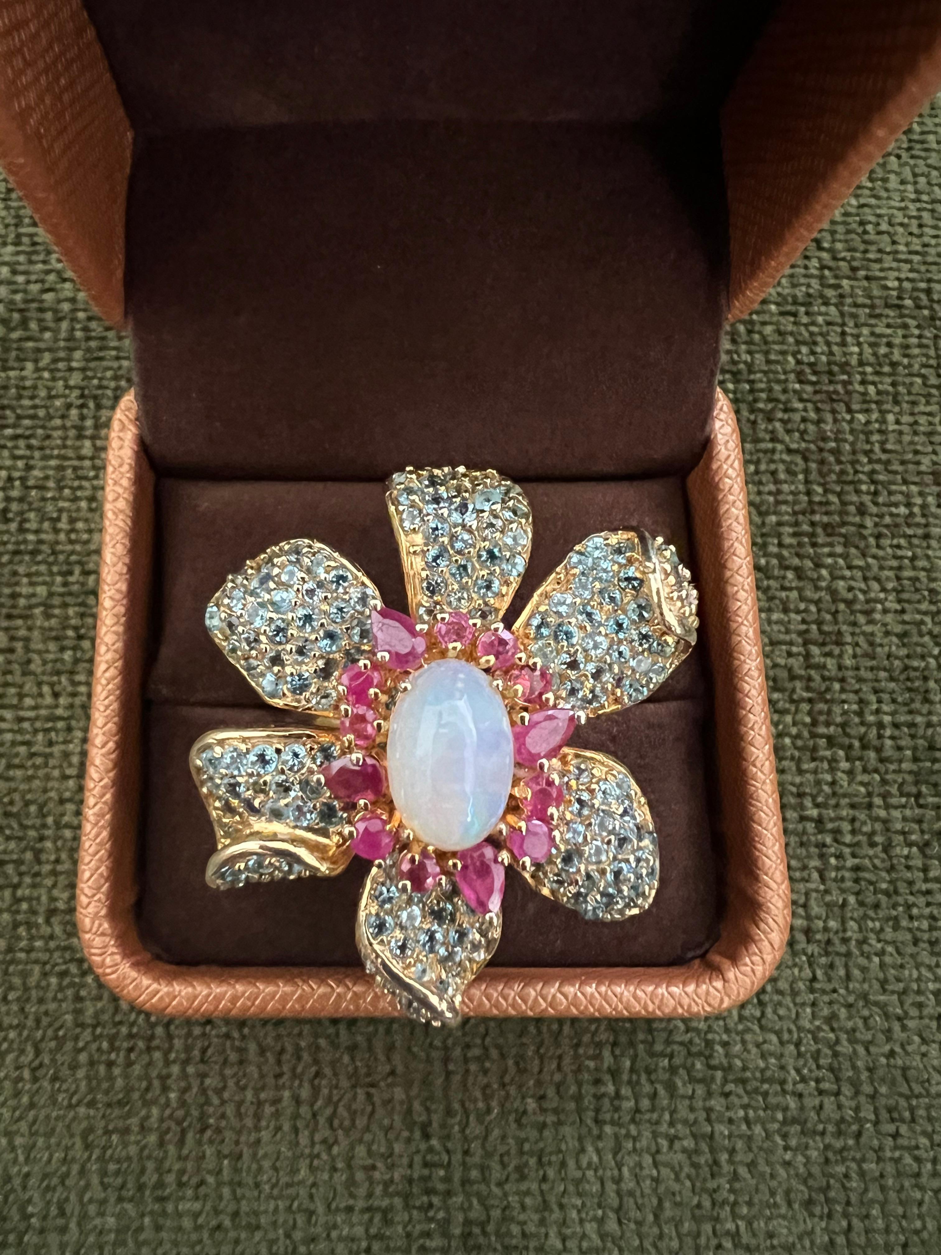 Women's or Men's Bochic “Capri” Ruby, Fire Opal & Blue Topaz Flower Ring Set 18K Gold & Silver For Sale