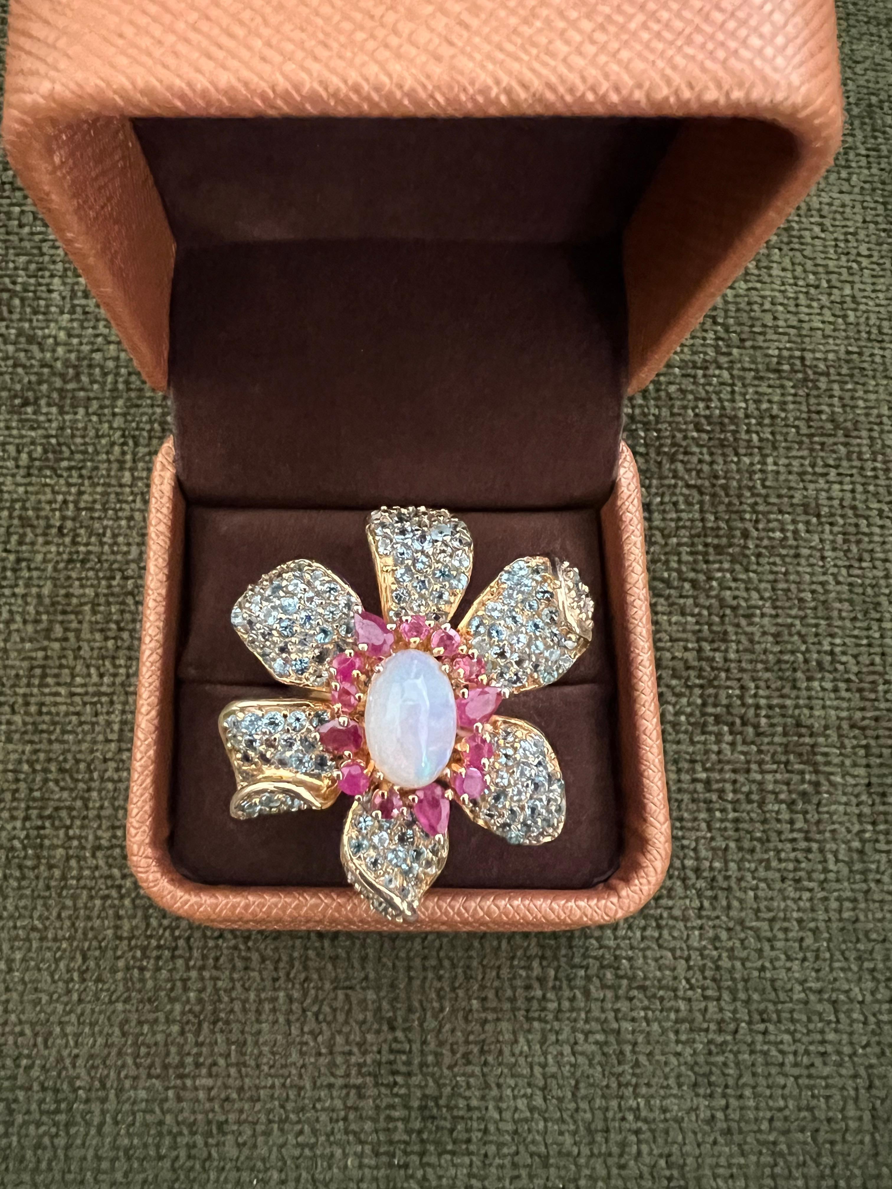 Bochic “Capri” Ruby, Fire Opal & Blue Topaz Flower Ring Set 18K Gold & Silver For Sale 1