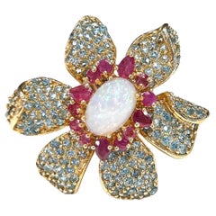 Bochic “Capri” Ruby, Fire Opal & Blue Topaz Flower Ring Set 18K Gold & Silver
