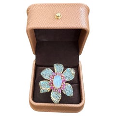 Bochic “Capri” Ruby, Fire Opal & Blue Topaz Flower Ring Set 18K Gold & Silver