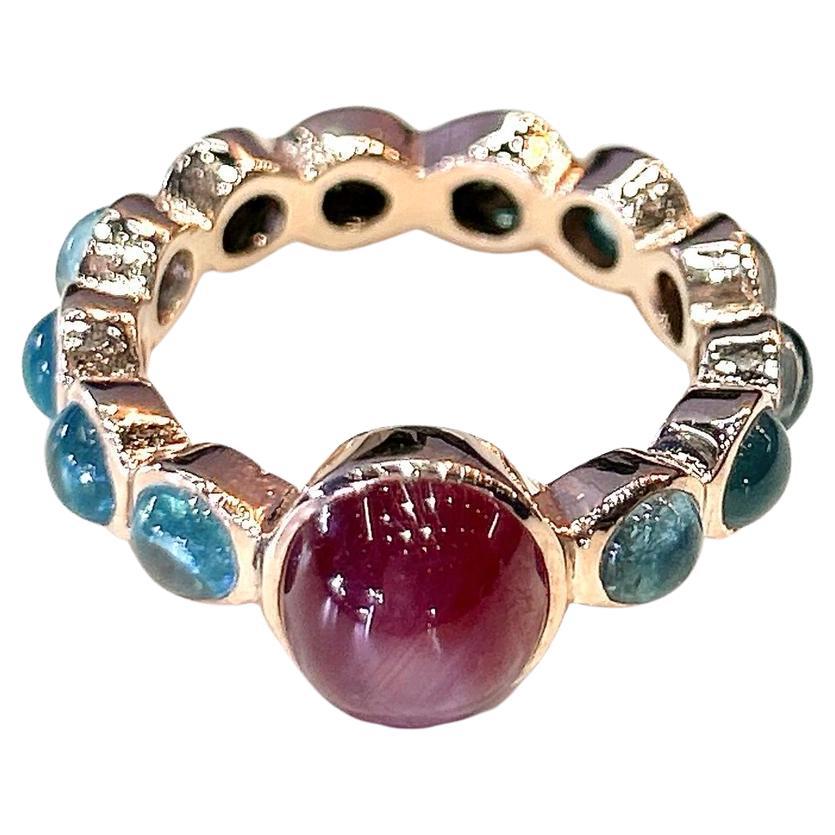 Bochic “Capri” Ruby & Multi Blue Appetite Ring Set In 18K Gold & Silver For Sale