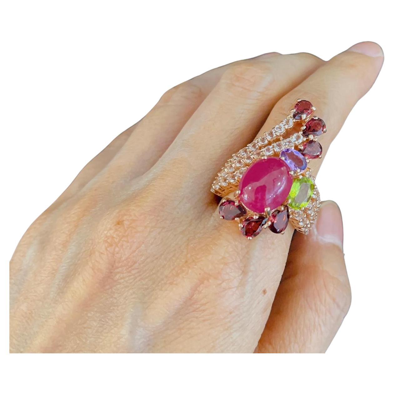 Stunning Bochic “Capri” Ruby & Multi Color Gem Cocktail Ring Set In 22K Gold & Silver 
Multi natural gem Ring 
Beautiful Natural Red Ruby - 7.52 carats
Natural Wine Color Rodorite - 2.37 carats 
Pear brilliant shapes 
Natural Green Oval Shape