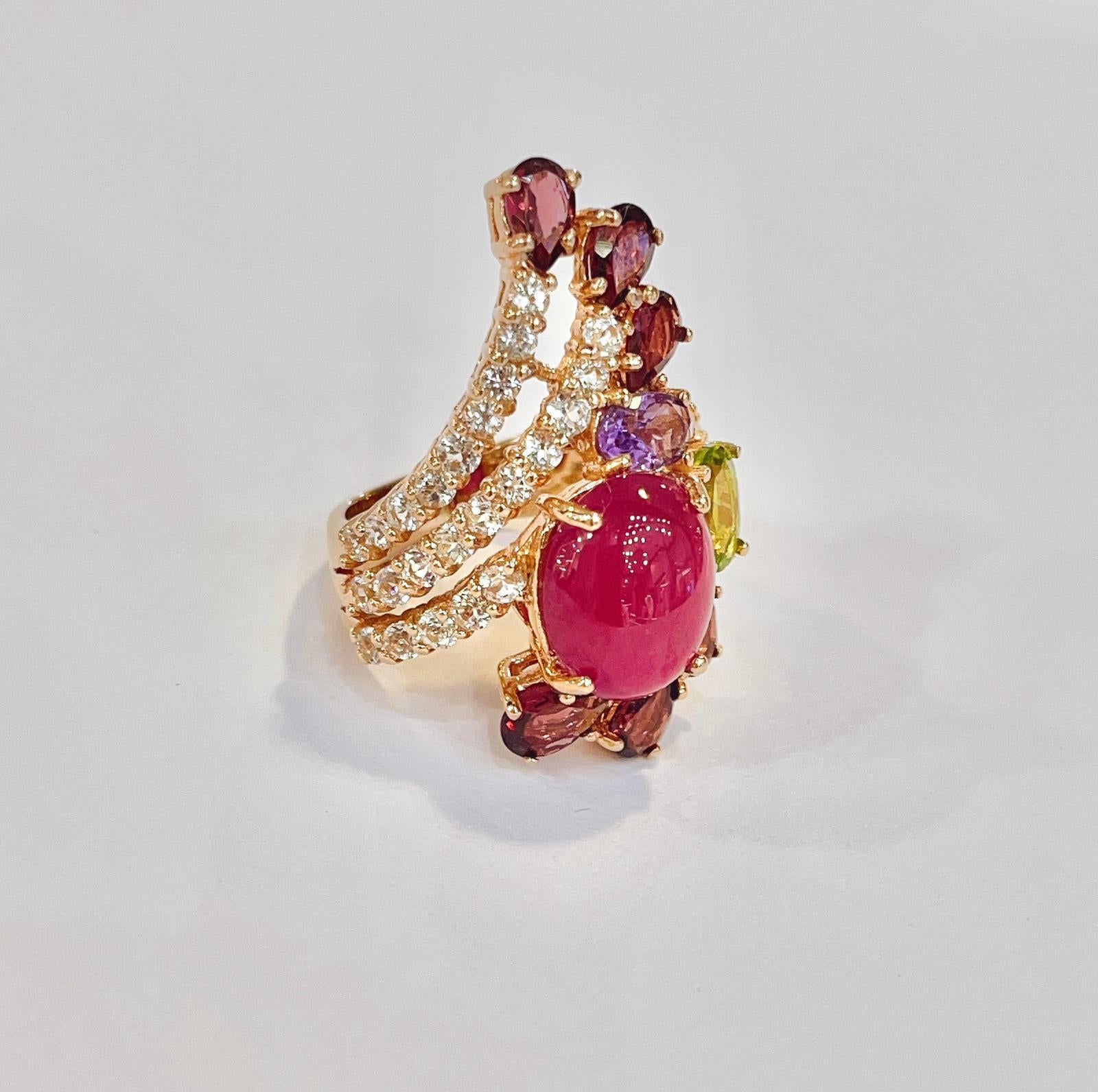Bochic “Capri” Ruby & Multi Color Gem Cocktail Ring Set in 22k Gold & Silver 1