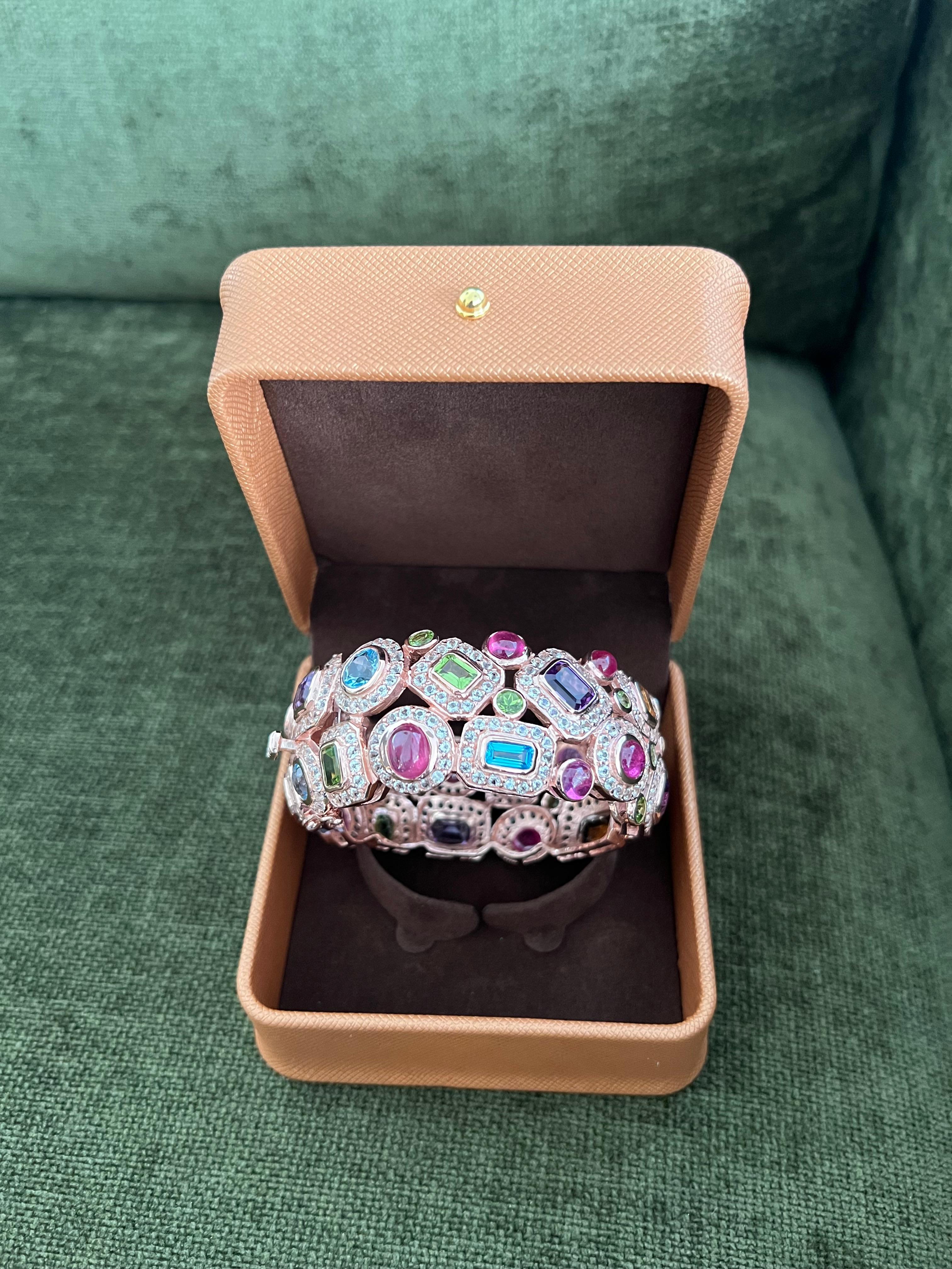 Bochic “Capri” Ruby & Multi Color Gem & Sapphire Bangle Set In 18K Gold & Silver For Sale 4