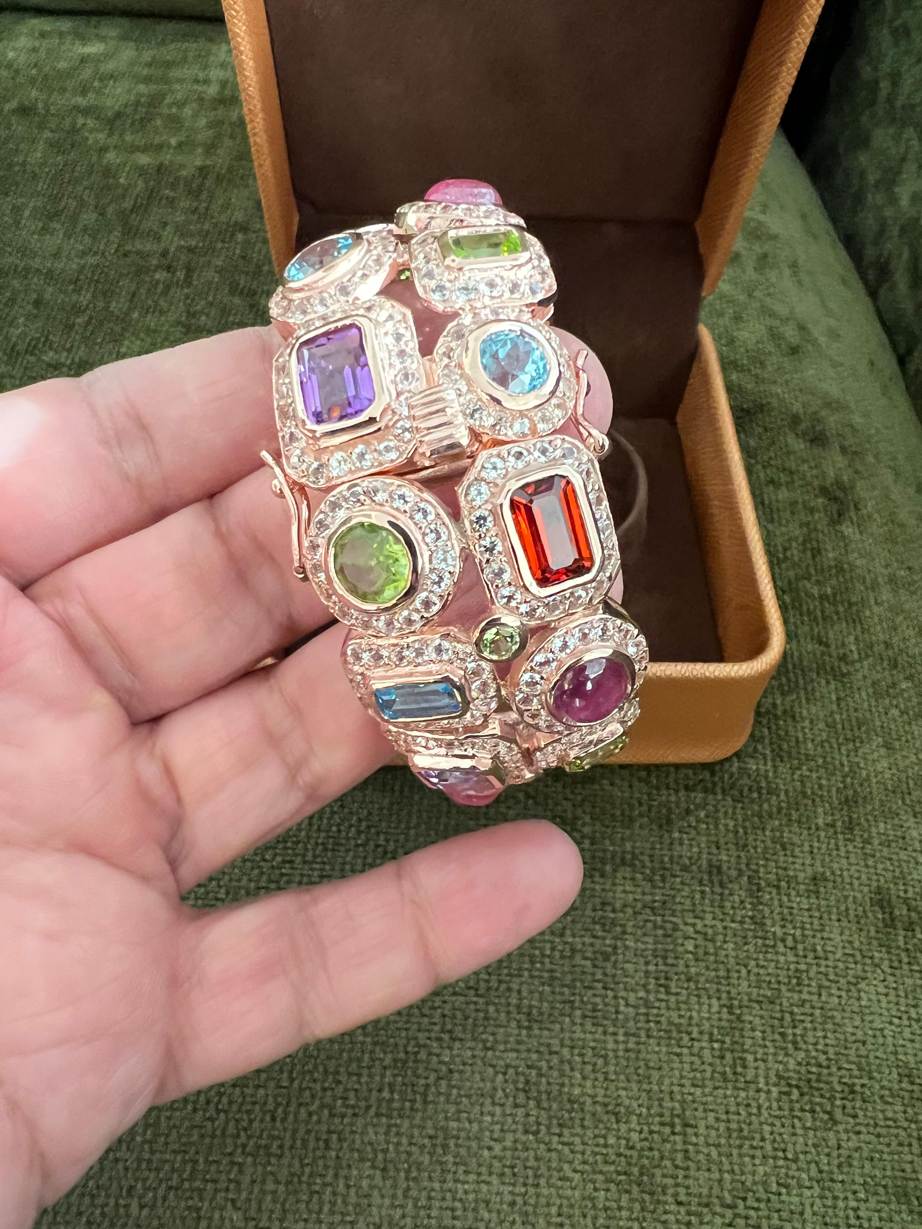 Bochic “Capri” Ruby & Multi Color Gem & Sapphire Bangle Set In 18K Gold & Silver For Sale 4