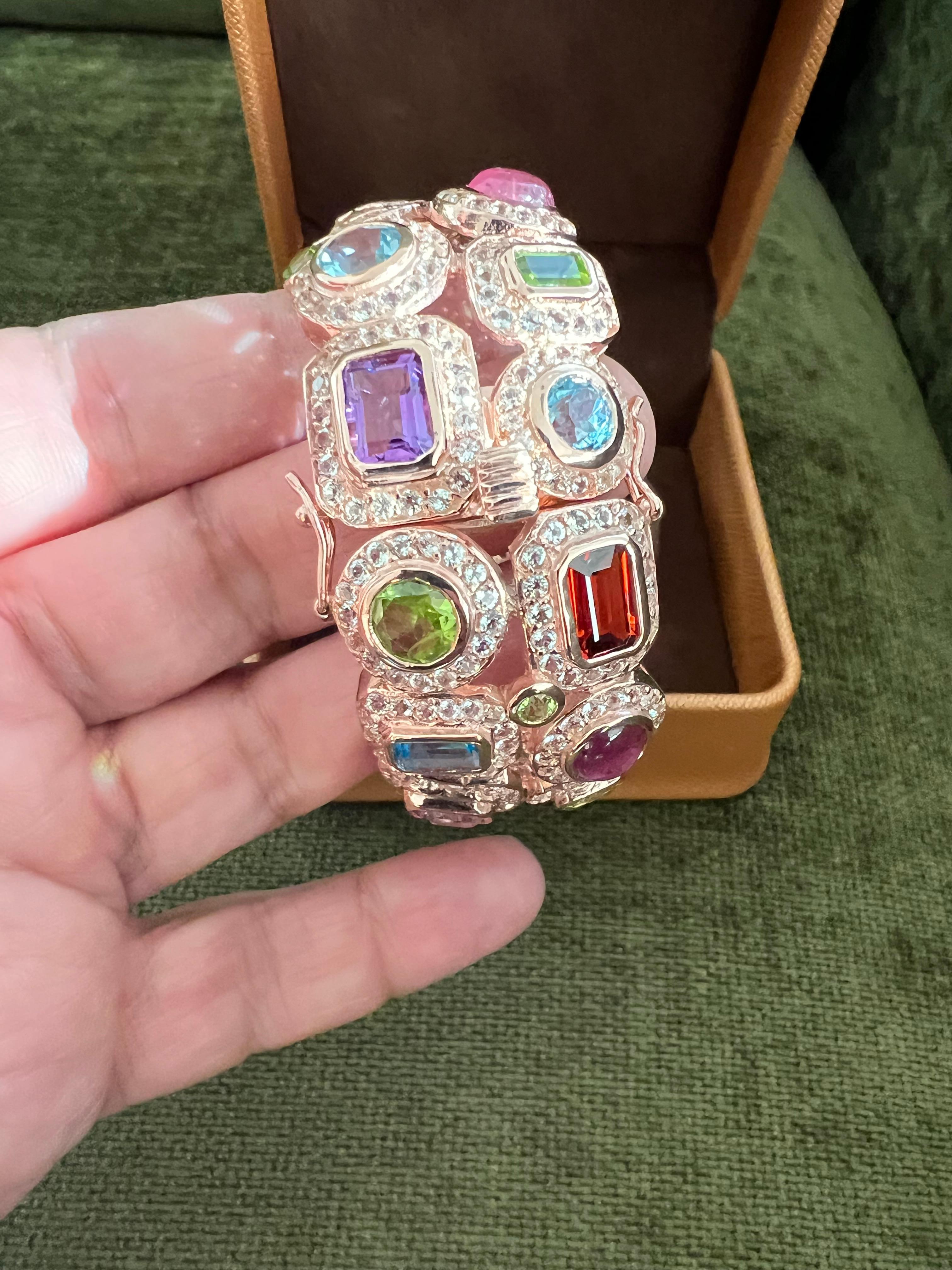 Bochic “Capri” Ruby & Multi Color Gem & Sapphire Bangle Set In 18K Gold & Silver For Sale 5