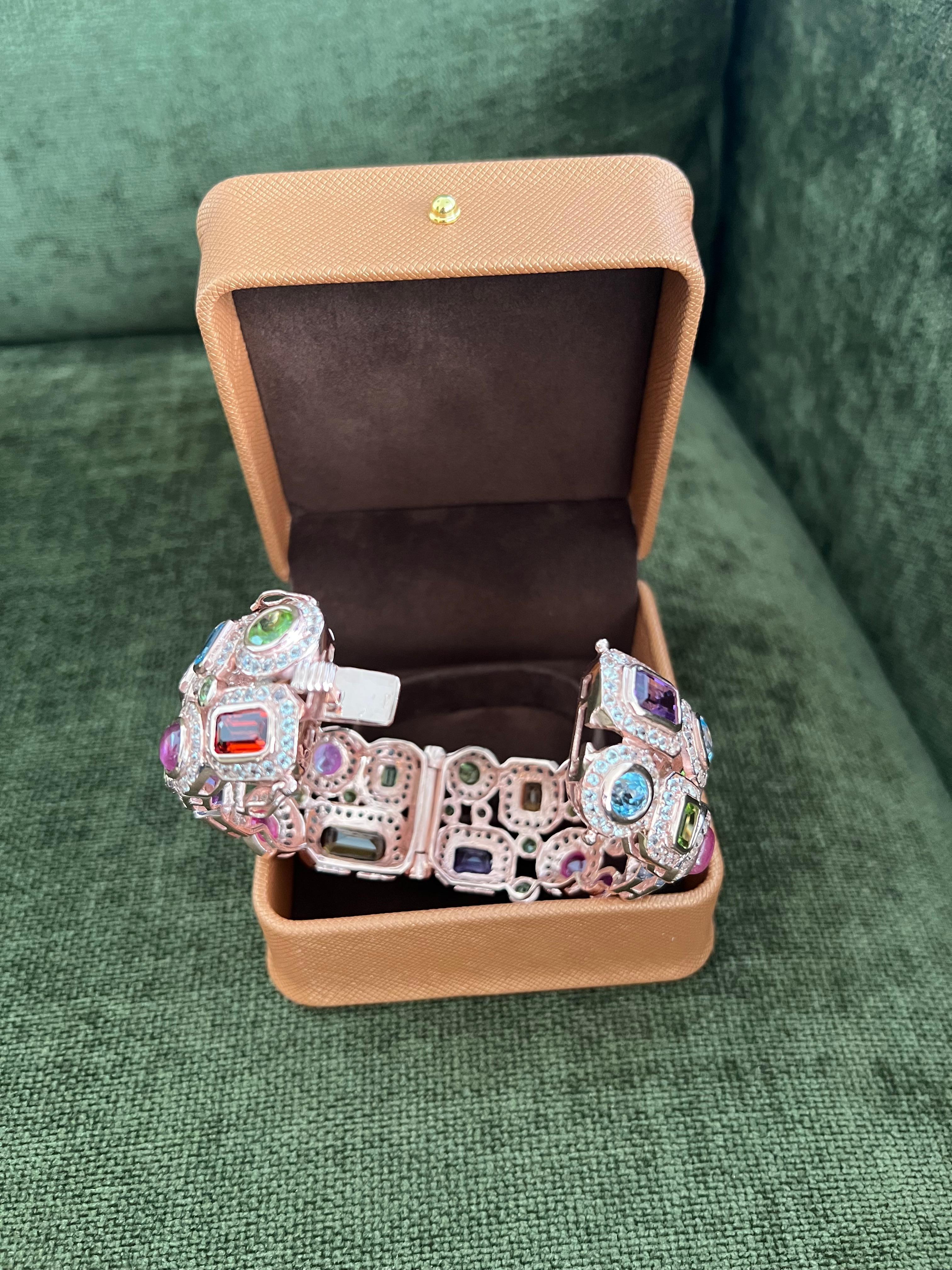 Bochic “Capri” Ruby & Multi Color Gem & Sapphire Bangle Set In 18K Gold & Silver For Sale 6