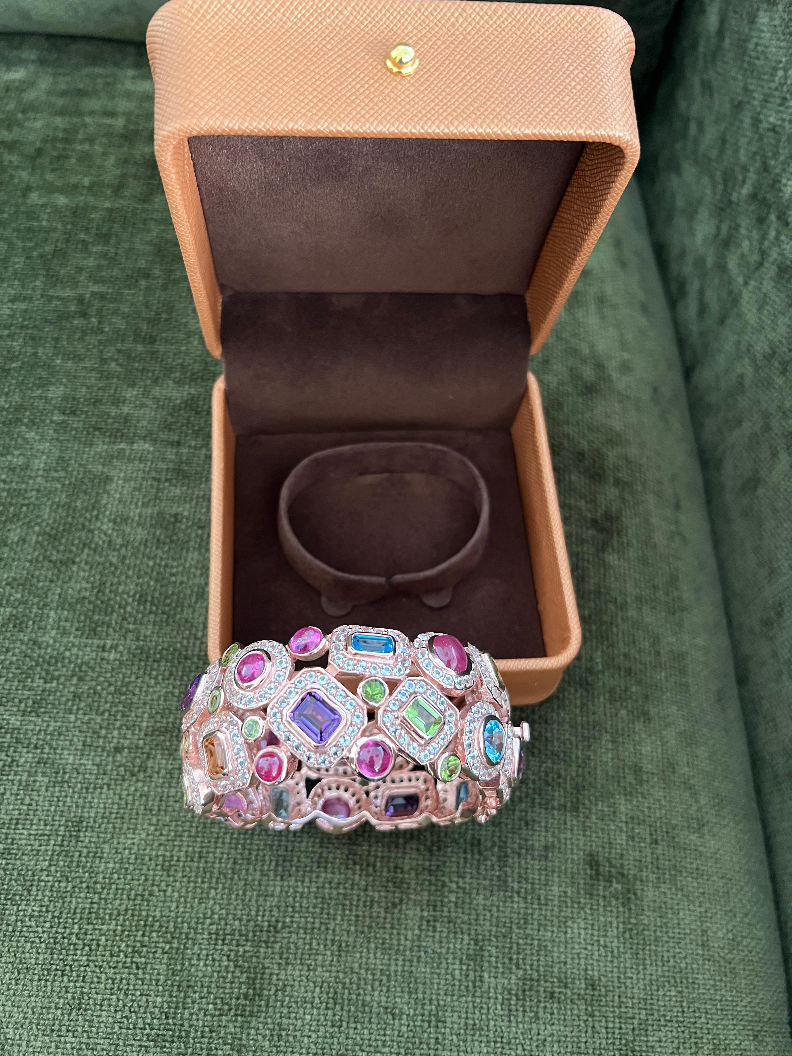 Bochic “Capri” Ruby & Multi Color Gem & Sapphire Bangle Set In 18K Gold & Silver For Sale 7