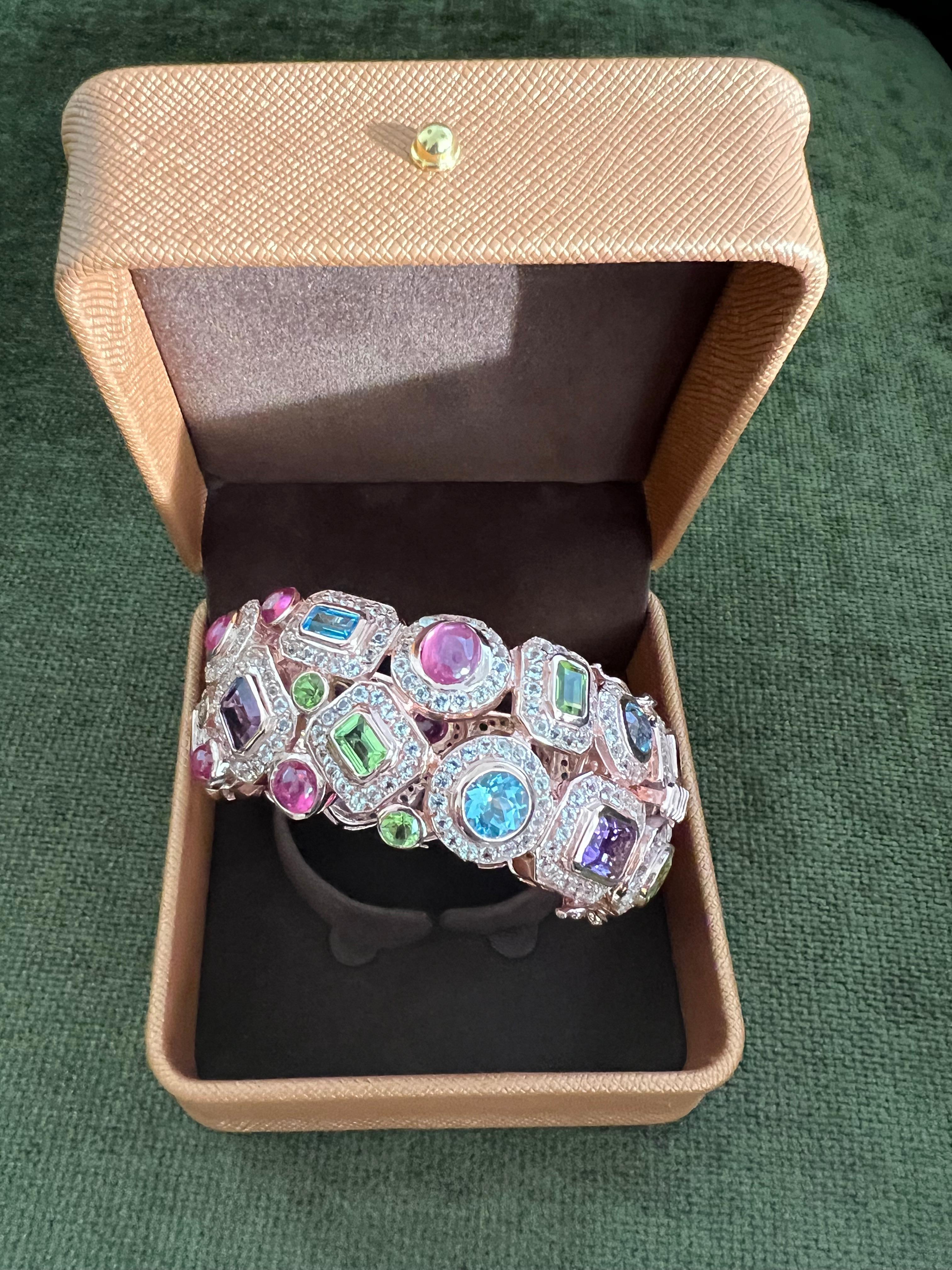 Bochic “Capri” Ruby & Multi Color Gem & Sapphire Bangle Set In 18K Gold & Silver For Sale 8