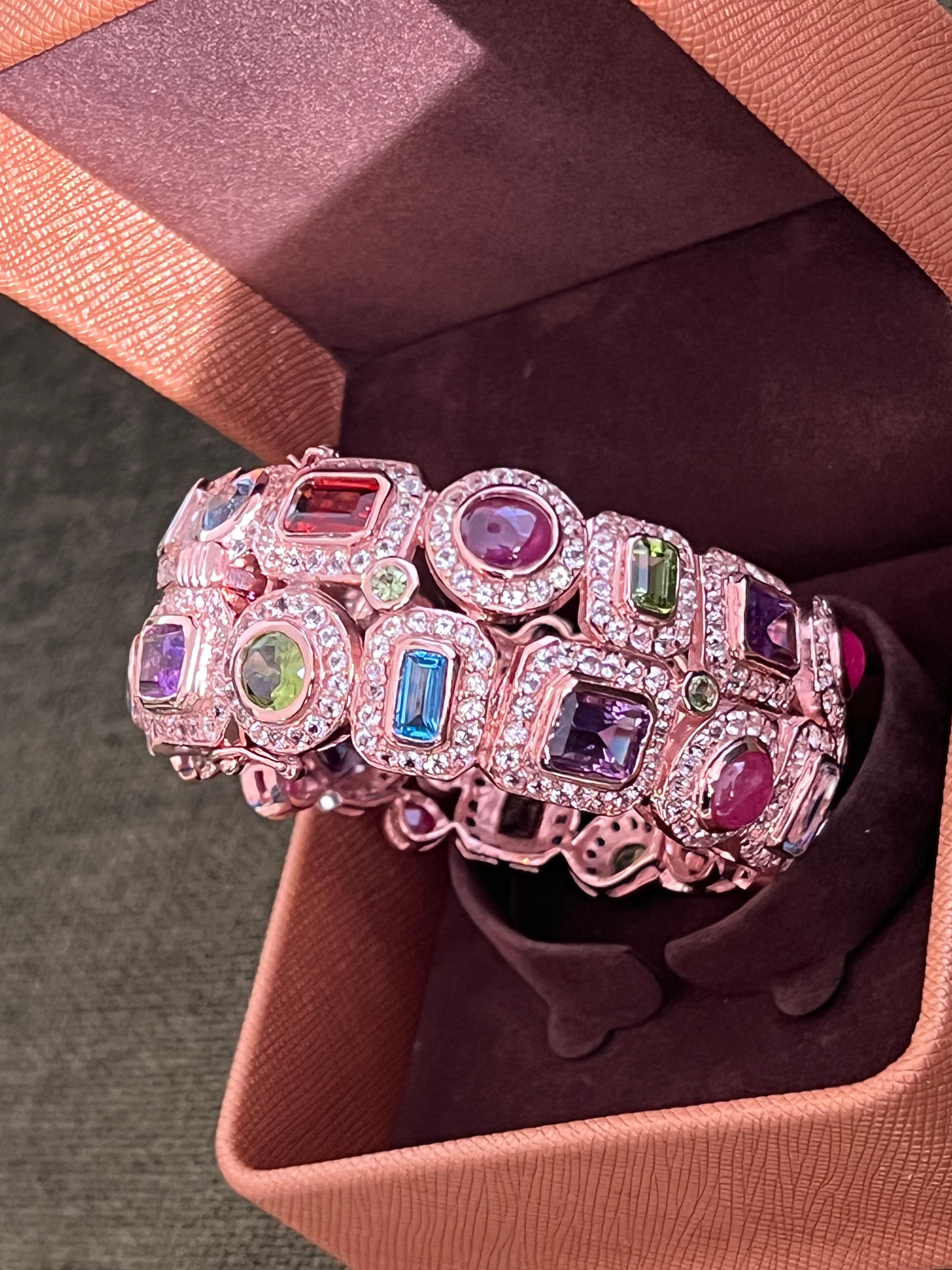 Bochic “Capri” Ruby & Multi Color Gem & Sapphire Bangle Set In 18K Gold & Silver For Sale 9