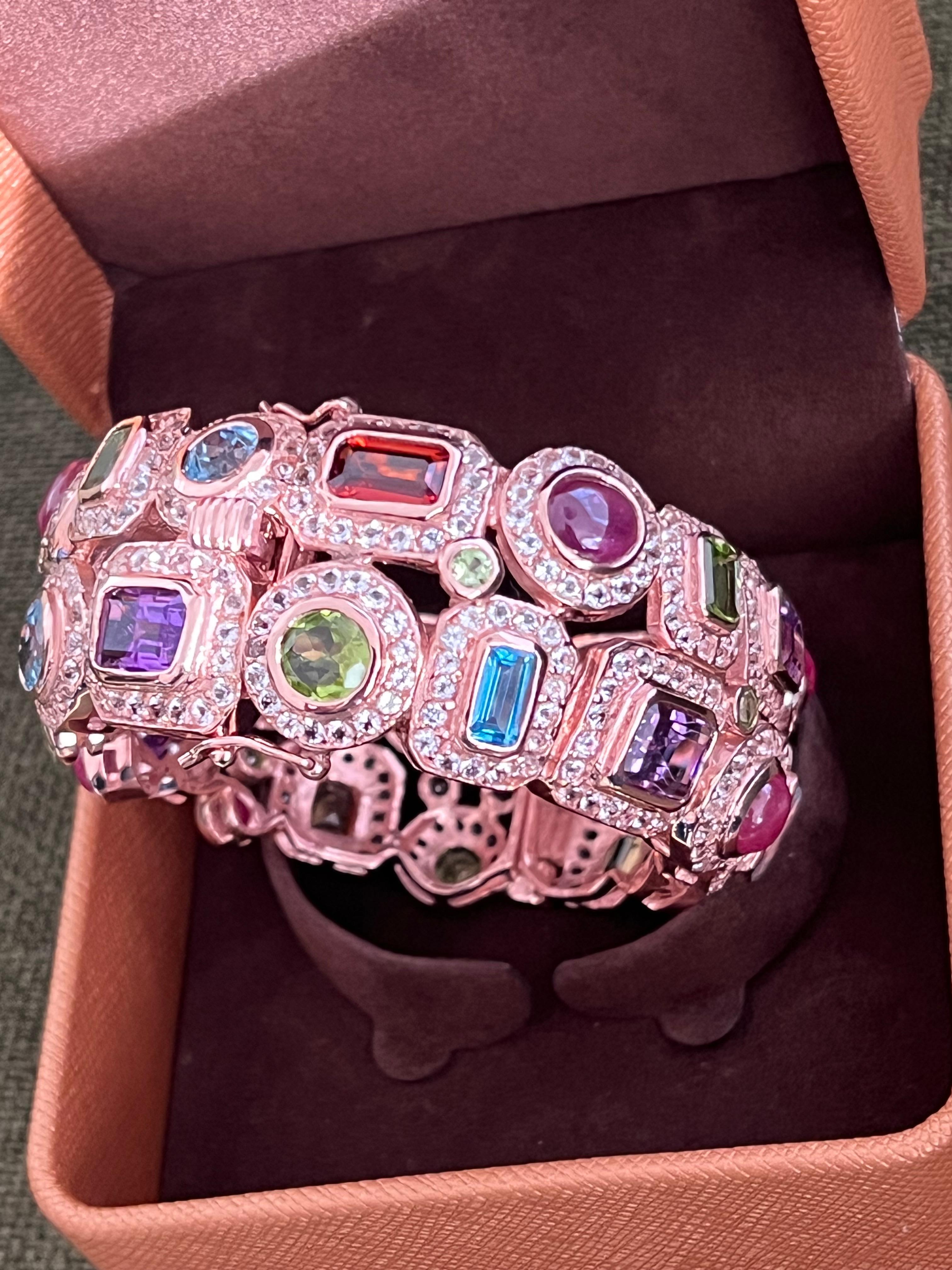 Bochic “Capri” Ruby & Multi Color Gem & Sapphire Bangle Set In 18K Gold & Silver For Sale 12