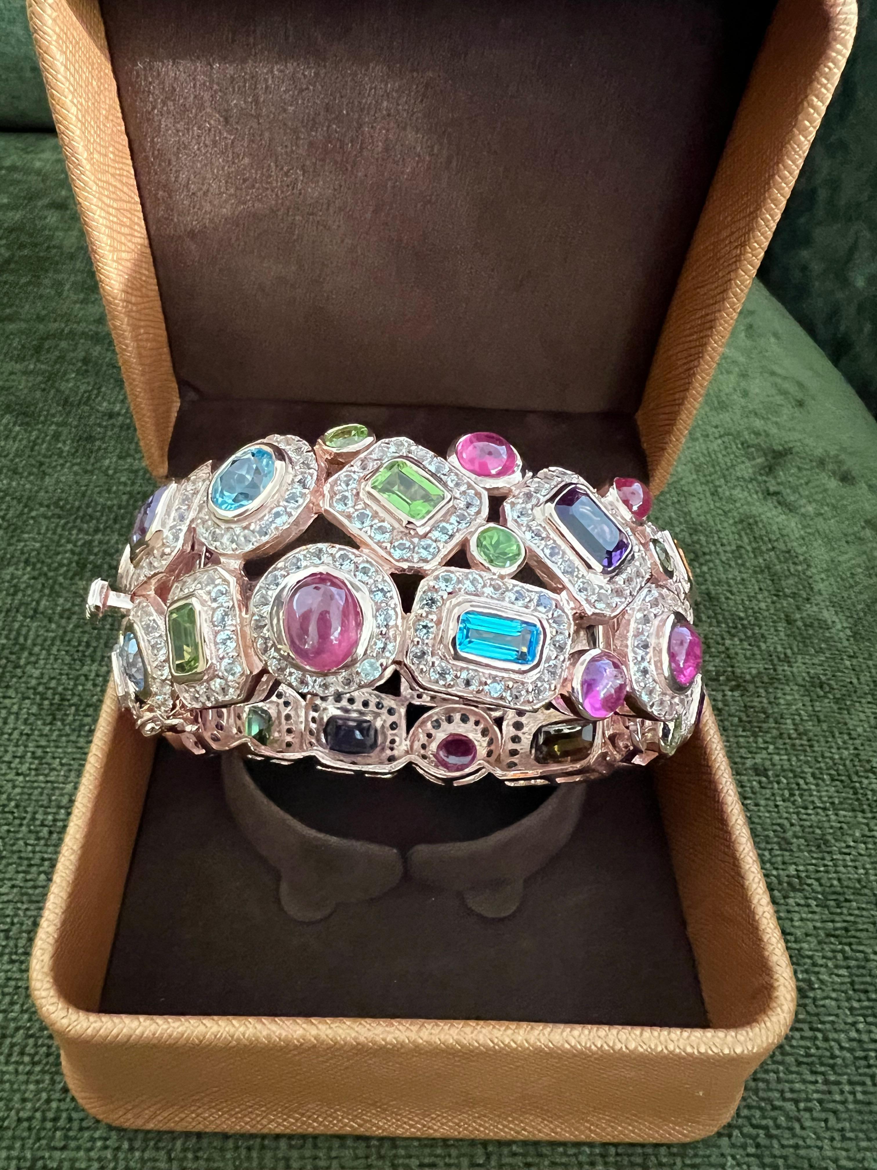 Brilliant Cut Bochic “Capri” Ruby & Multi Color Gem & Sapphire Bangle Set In 18K Gold & Silver For Sale