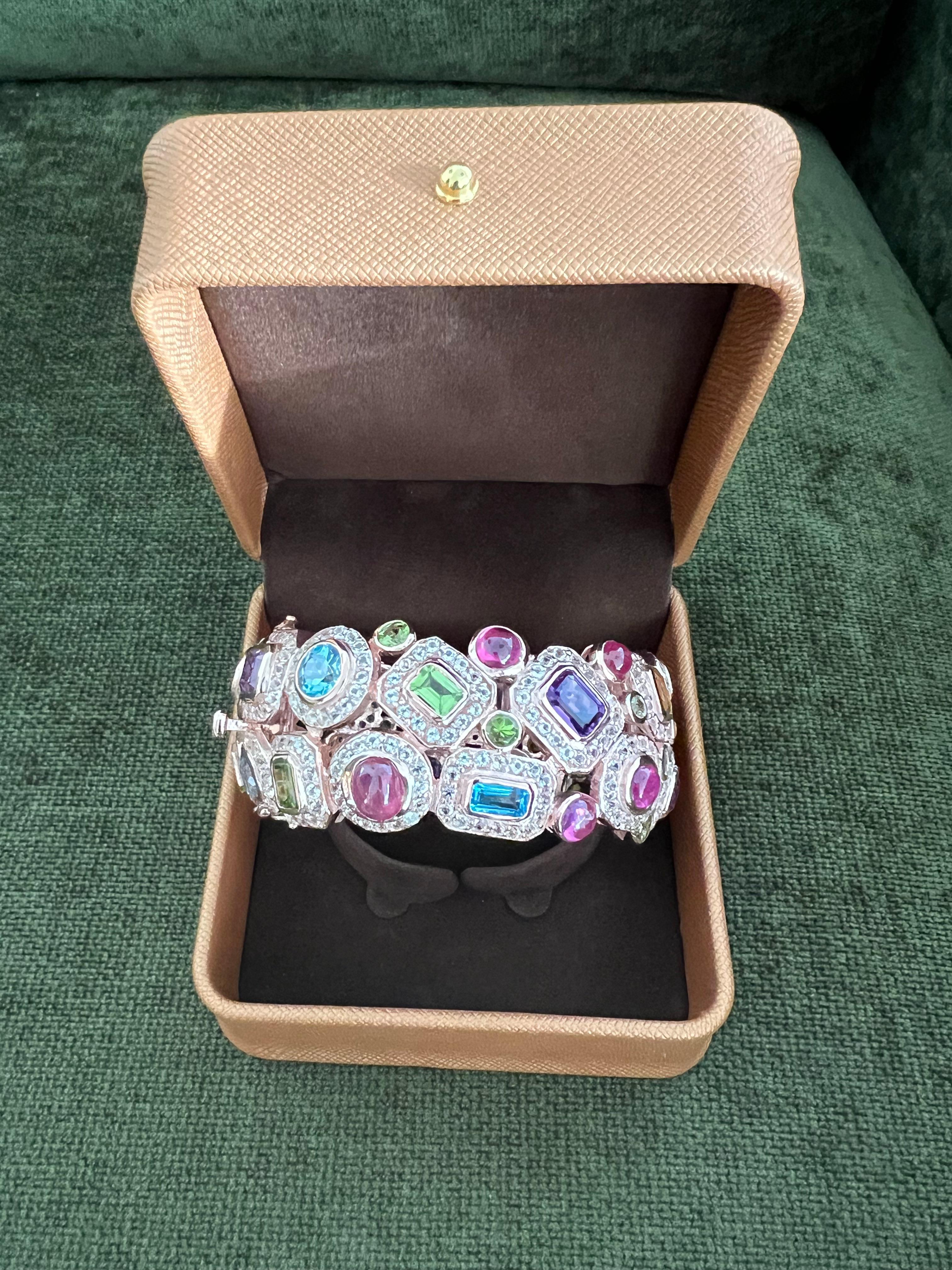 Brilliant Cut Bochic “Capri” Ruby & Multi Color Gem & Sapphire Bangle Set In 18K Gold & Silver For Sale