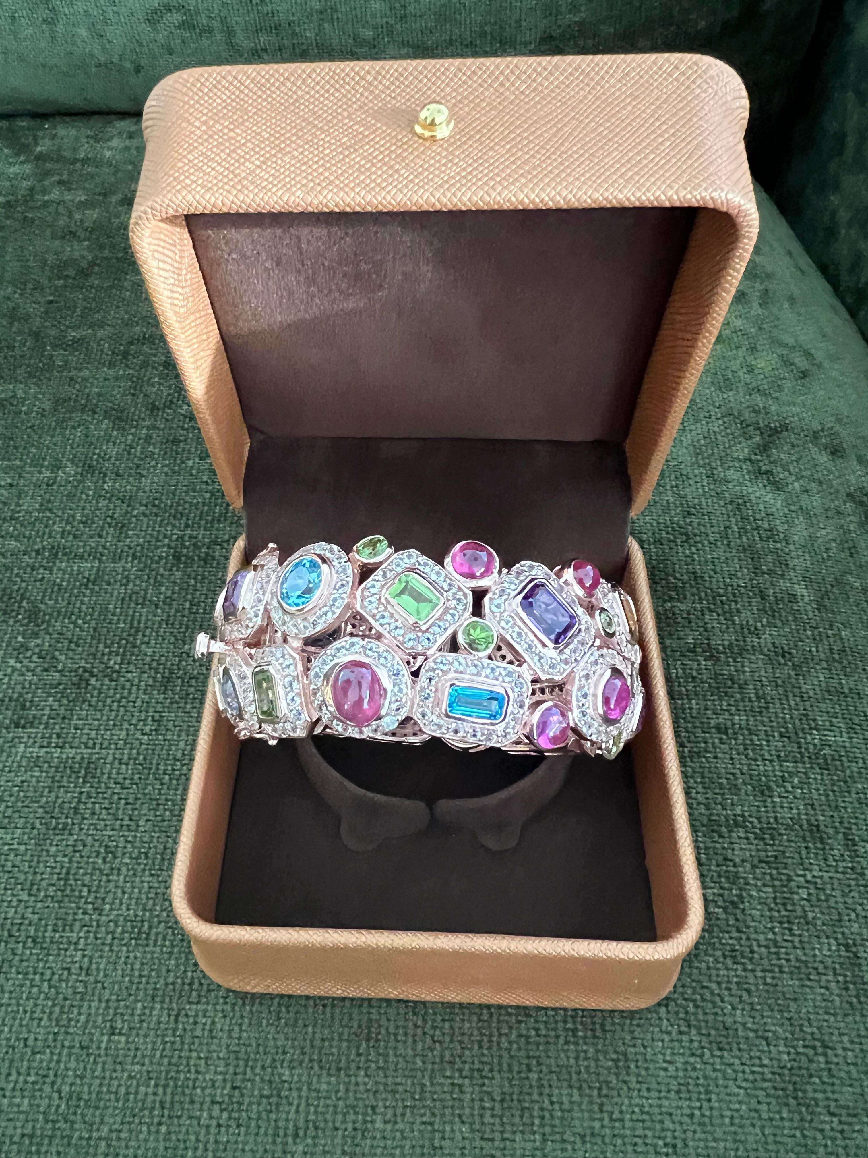 Bochic “Capri” Ruby & Multi Color Gem & Sapphire Bangle Set In 18K Gold & Silver In New Condition For Sale In New York, NY