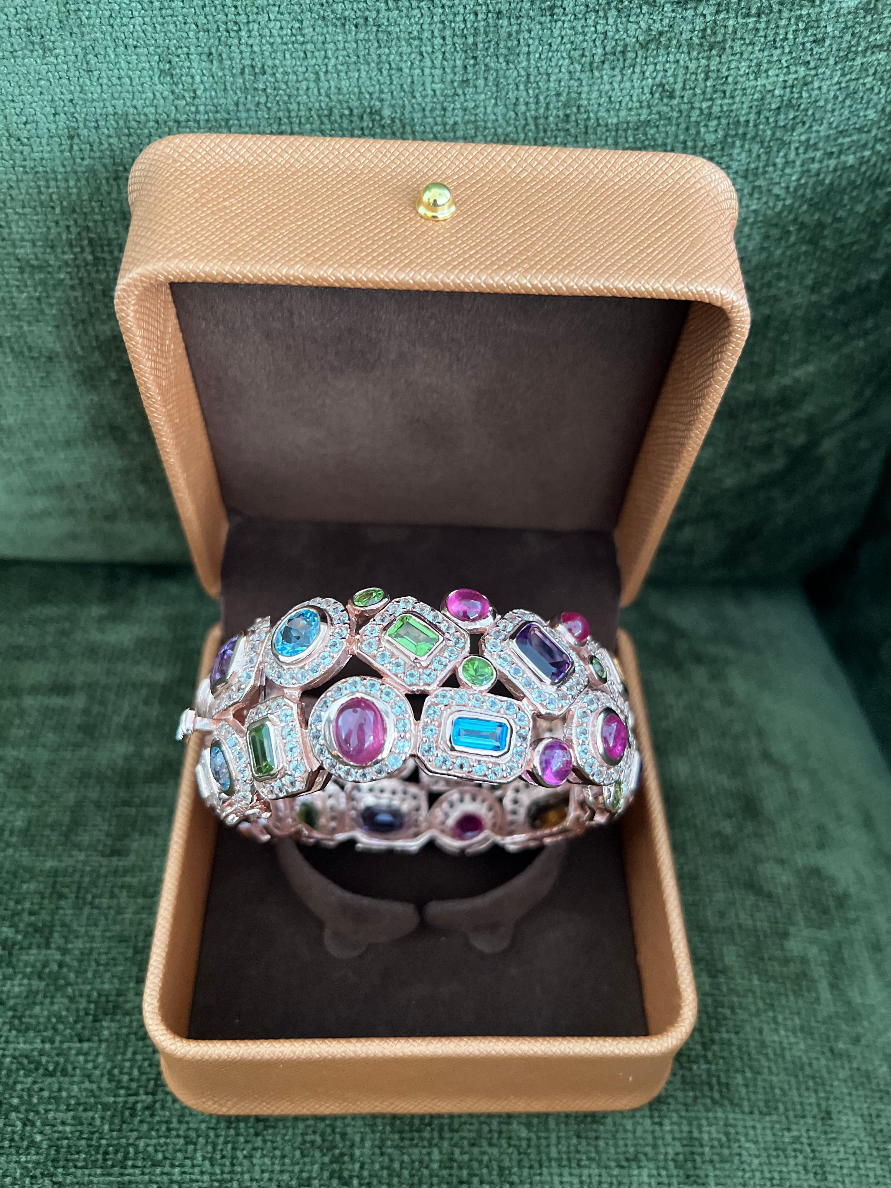 Bochic “Capri” Ruby & Multi Color Gem & Sapphire Bangle Set In 18K Gold & Silver In New Condition For Sale In New York, NY