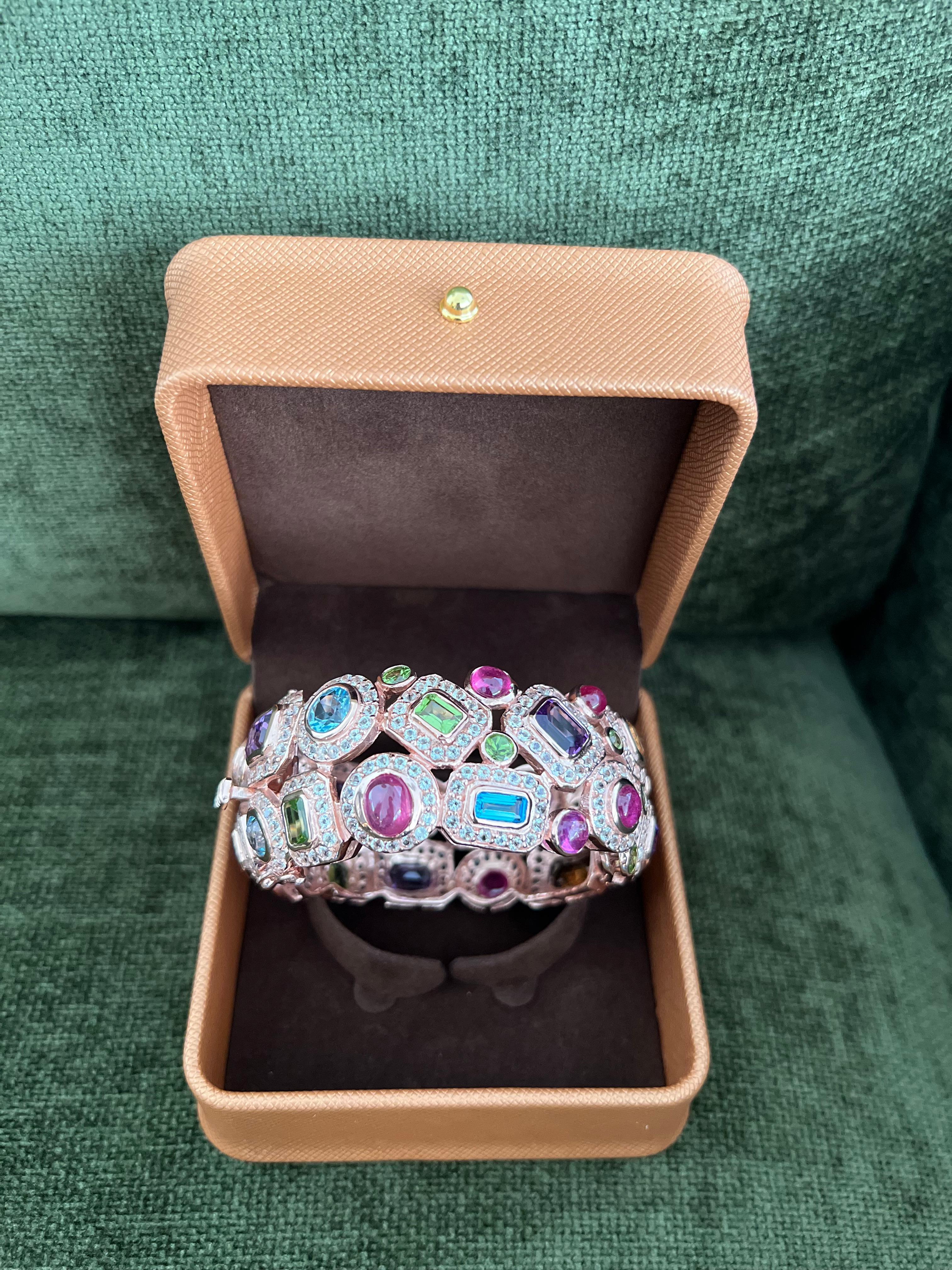 Women's or Men's Bochic “Capri” Ruby & Multi Color Gem & Sapphire Bangle Set In 18K Gold & Silver For Sale