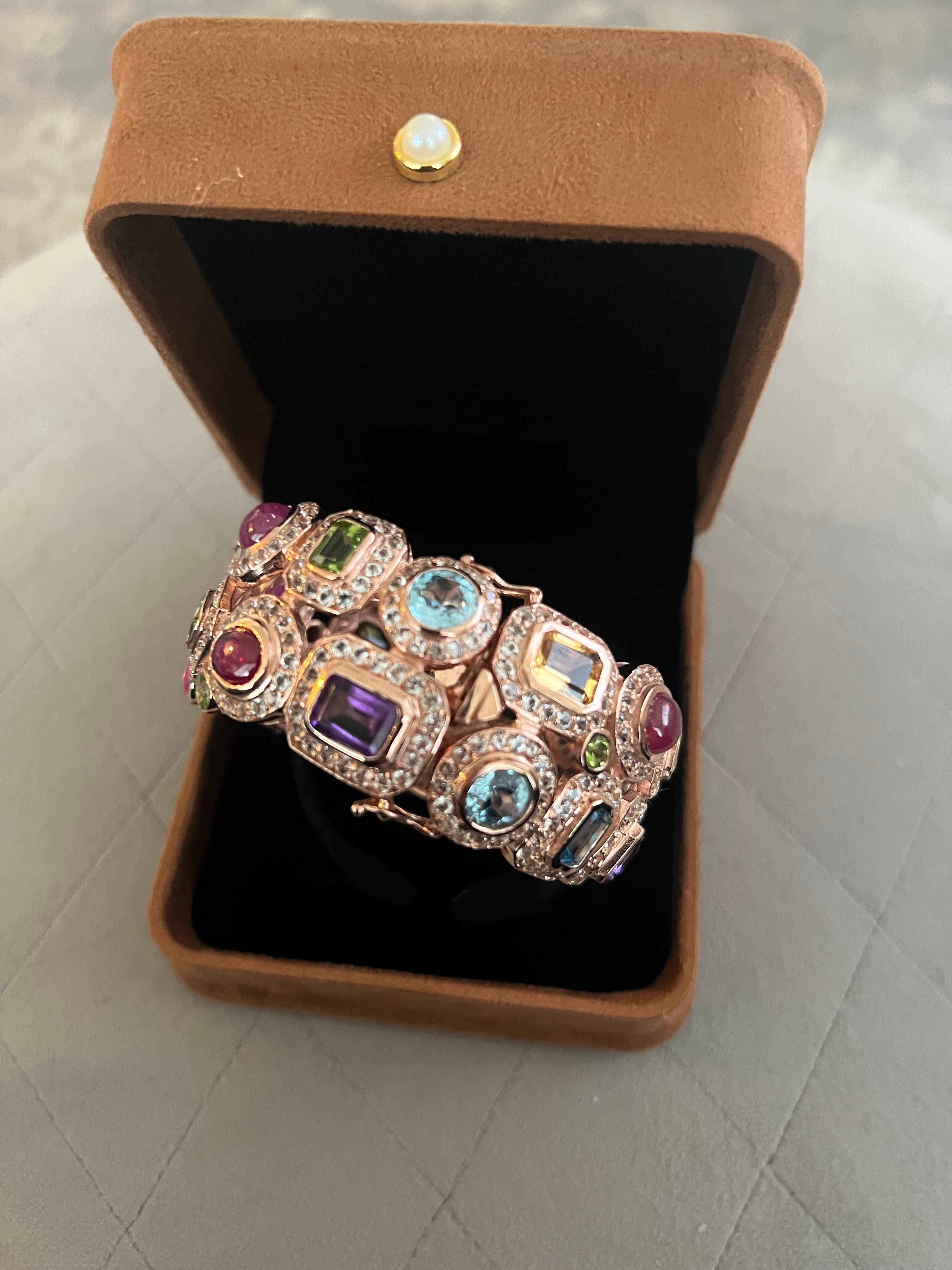 Bochic “Capri” Ruby & Multi Color Gem & Sapphire Bangle Set In 18K Gold & Silver For Sale 3