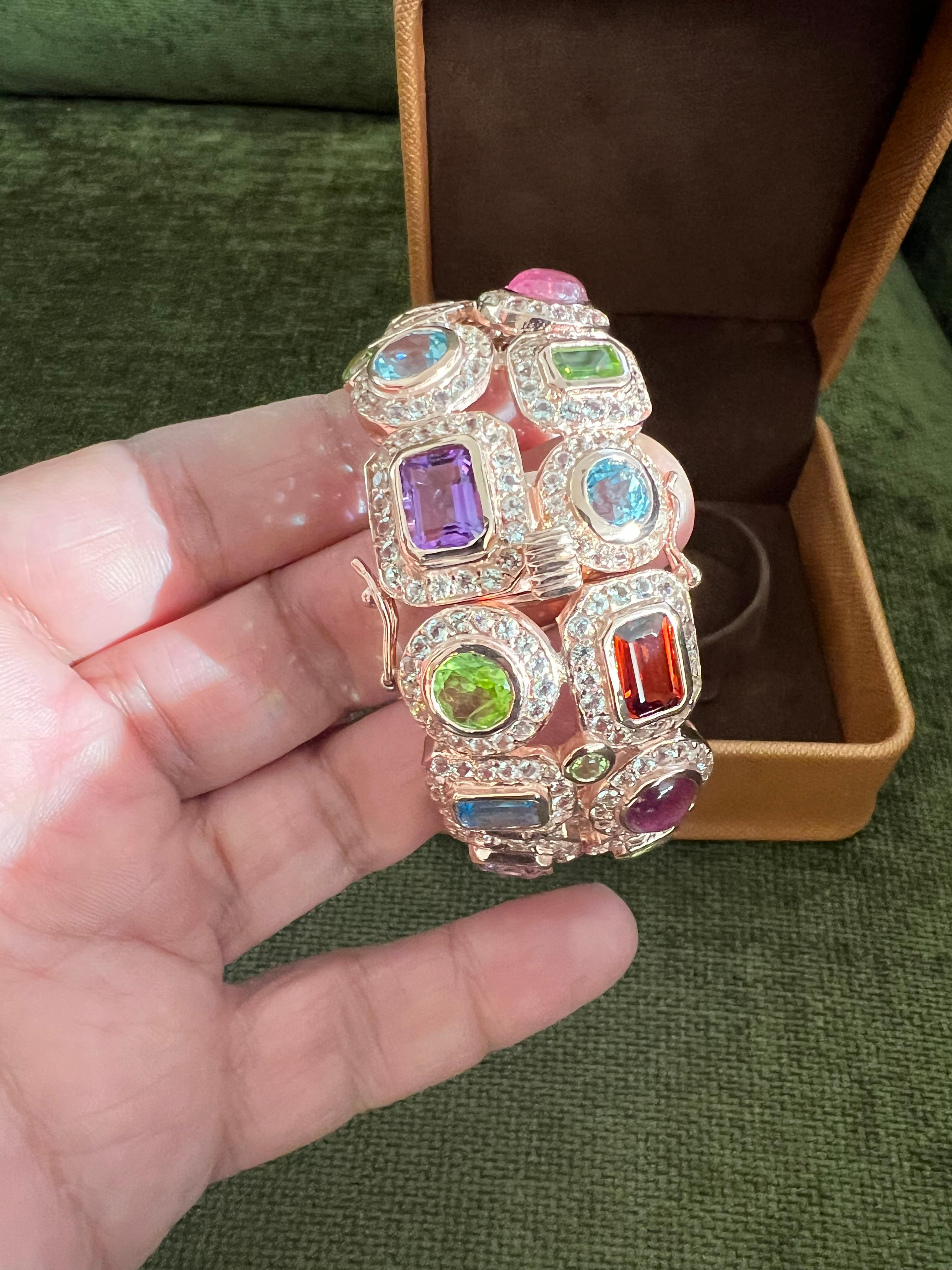 Bochic “Capri” Ruby & Multi Color Gem & Sapphire Bangle Set In 18K Gold & Silver For Sale 3