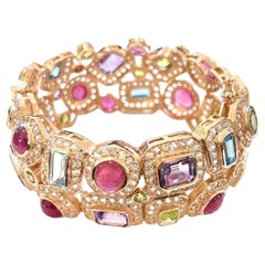 Bochic “Capri” Ruby & Multi Color Gem & Sapphire Bangle Set In 18K Gold & Silver