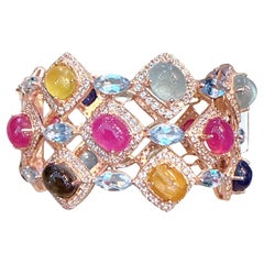 Bochic “Capri” Ruby & Multi Color Gem & Sapphire Bangle Set In 18K Gold & Silver