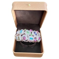 Bochic “Capri” Ruby & Multi Color Gem & Sapphire Bangle Set In 18K Gold & Silver