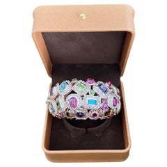 Bochic “Capri” Ruby & Multi Color Gem & Sapphire Bangle Set In 18K Gold & Silver