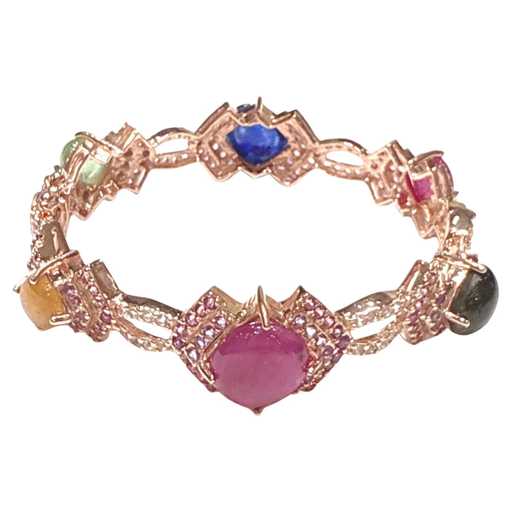 Bochic “Capri” Ruby & Multi Color Gem & Sapphire Bangle Set In 18K Gold & Silver