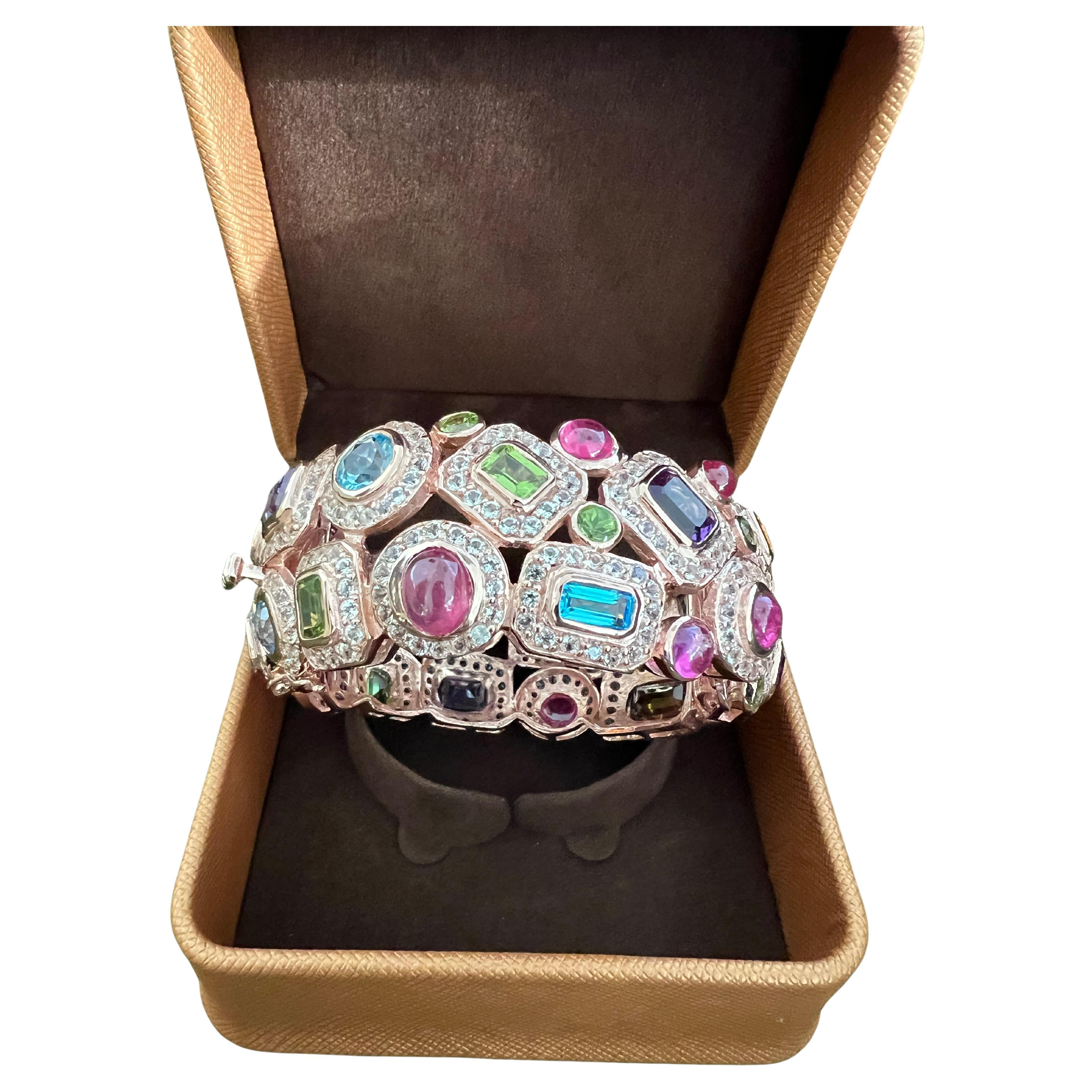 Bochic “Capri” Ruby & Multi Color Gem & Sapphire Bangle Set In 18K Gold & Silver For Sale