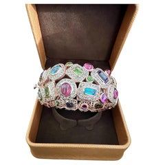 Bochic “Capri” Ruby & Multi Color Gem & Sapphire Bangle Set In 18K Gold & Silver